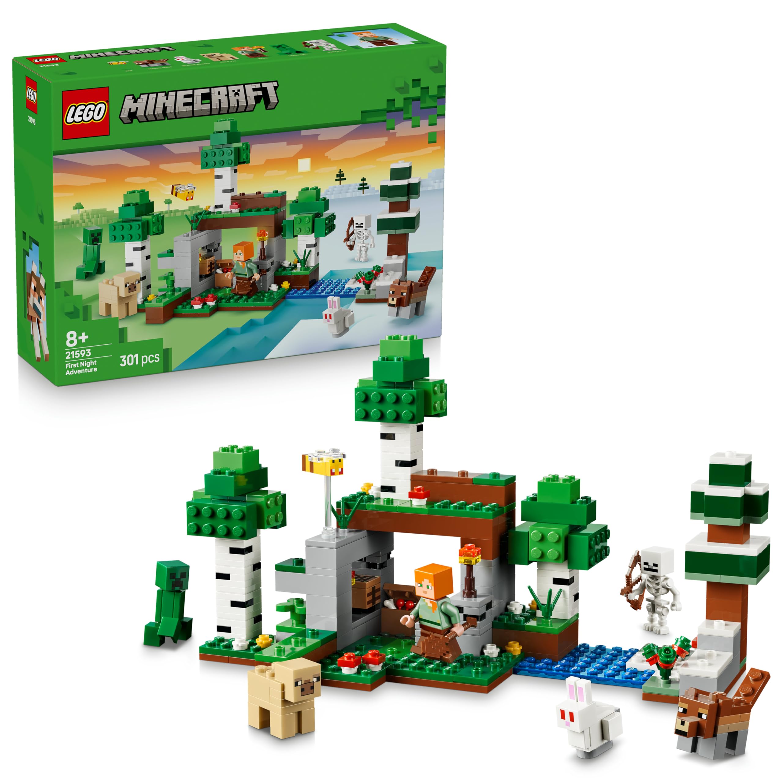 LEGO Minecraft Erstes Abenteuer in der Nacht - Interaktives Spielzeug mit 7 Figuren inkl. Alex, Creeper, Skelett & Waldwolf - Gaming-Geschenk für Jungen und Mädchen ab 8 Jahren - 21593