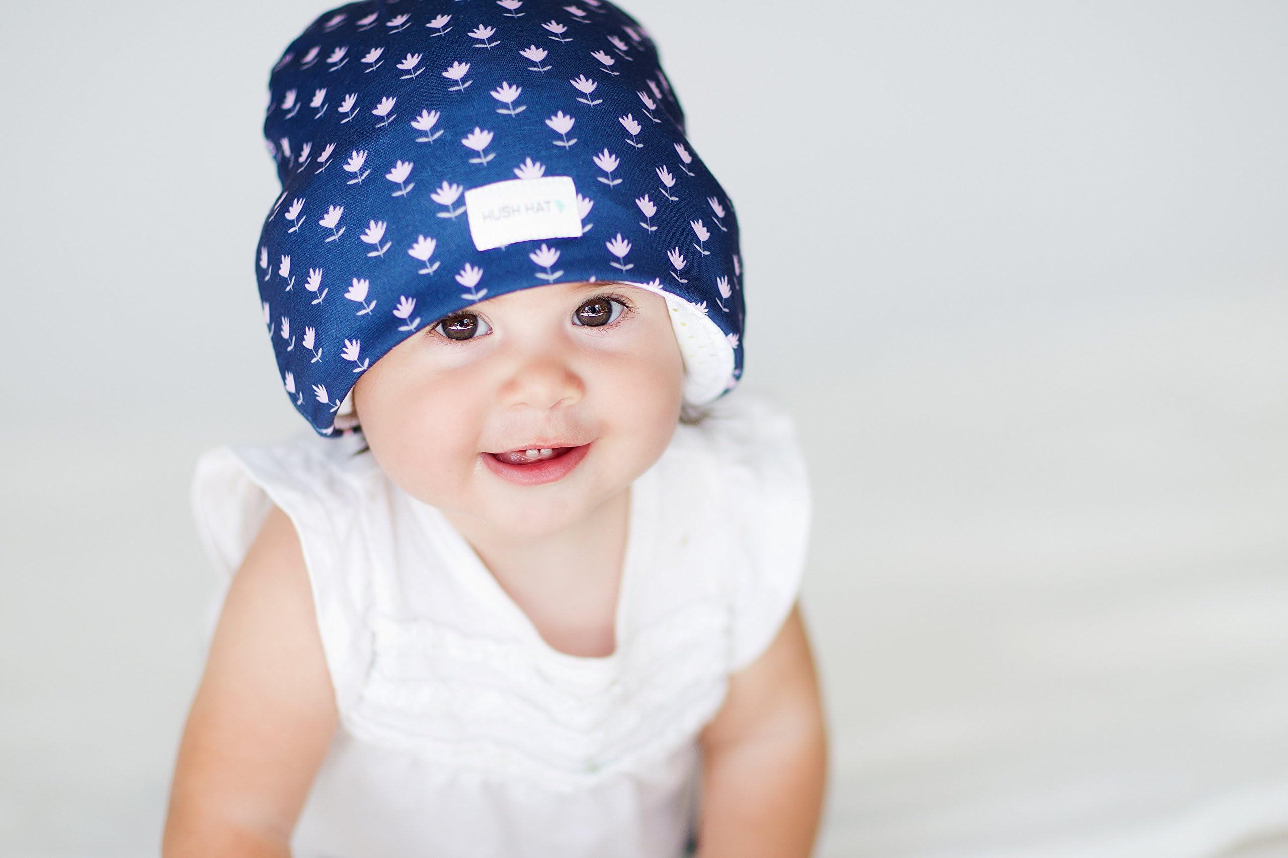 Hush Baby Hat with Softsound Technology and Medical Grade Sound Absorbing Foam, Pink Petal, Dark Blue, Large