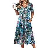 Zeagoo Summer Dress for Women Casual Floral Midi Sundress with Pockets V Neck Pleated Short Sleeve Aline Beach Vacation Dress