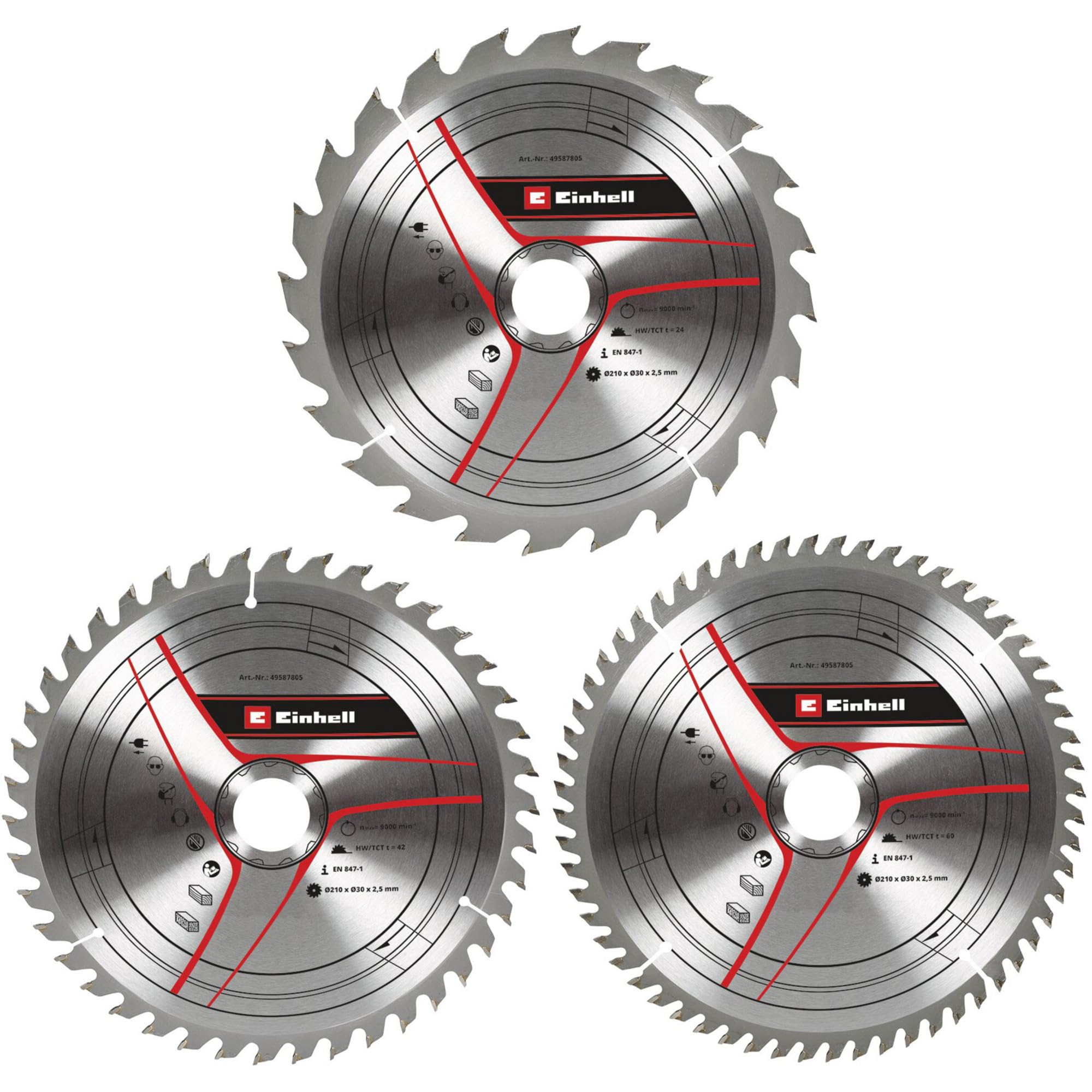 kwb by Einhell Circular Saw Blade Set 3-Piece 210 x 30 mm Stat. Saw Accessories (3x HM Saw Blades, Diameter 210 x 30 mm, 1x 24 Z, 1x 42 Z, 1x 60 Z, Suitable for Einhell Table Saw and Mitre Saws)