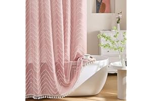 Pink Boho Shower Curtain White Tassel Woven Fabric Cute Shower Curtain Modern Farmhouse Textured Tufted Chevron Striped Minim