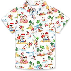 Christmas in July Shirt for Kids Hawaiian Xmas Button Down Tshirt Boys Girls Ugly Santa Claus Short Sleeve Tops