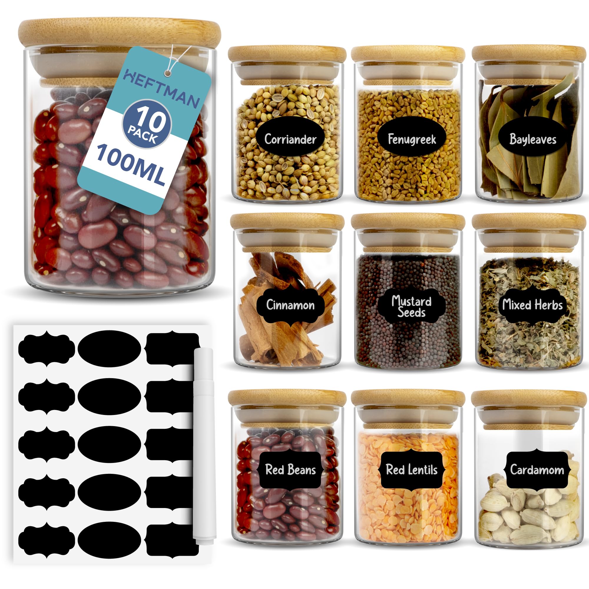HEFTMAN Small Glass Spice Jars - Set of 10, 100ml Glass Jars With Bamboo Lids & Airtight Seal - Borosilicate Glass Storage Jars for Spices, Herbs, Tea, Coffee Kitchen Jars With Lids, Labels & Pen