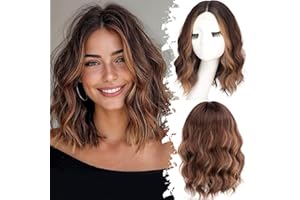 Eawwii Chestnut Highlight Short Wavy Wig for Women Lace Hairline Bob Style Synthetic Heat Resistant - Natural Appearance for Everyday Hairstyle 14 Inch