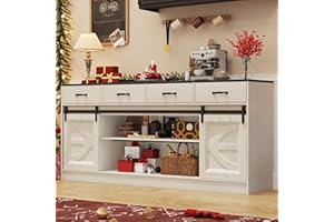 chartustriable 70” Large Long Buffet Sideboard Cabinet w/4 Drawer,Farmhouse Buffet Storage Cabinet,Sliding Door,Buffet Coffee Bar Cabinet, Credenza for Living Room,Off White