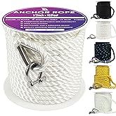 VEITHI Boat Anchor Rope 100 ft x 1/2 inch White, 3 Strand Anchor Line Marine Rope with Stainless Steel Thimble & Shackle Ideal for Towing,Docking,Boats,Mooring,Anchoring,for Boats Up to 35'