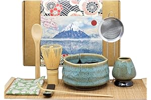 Annie & Mia Design Matcha Whisk Set (9pcs), Japanese Tea Matcha Set includes Ceramic Matcha Bowl, Bamboo Matcha Whisk (Chasen), Ceramic Whisk Holder, Bamboo Matcha Scoop (Chashaku), Blue