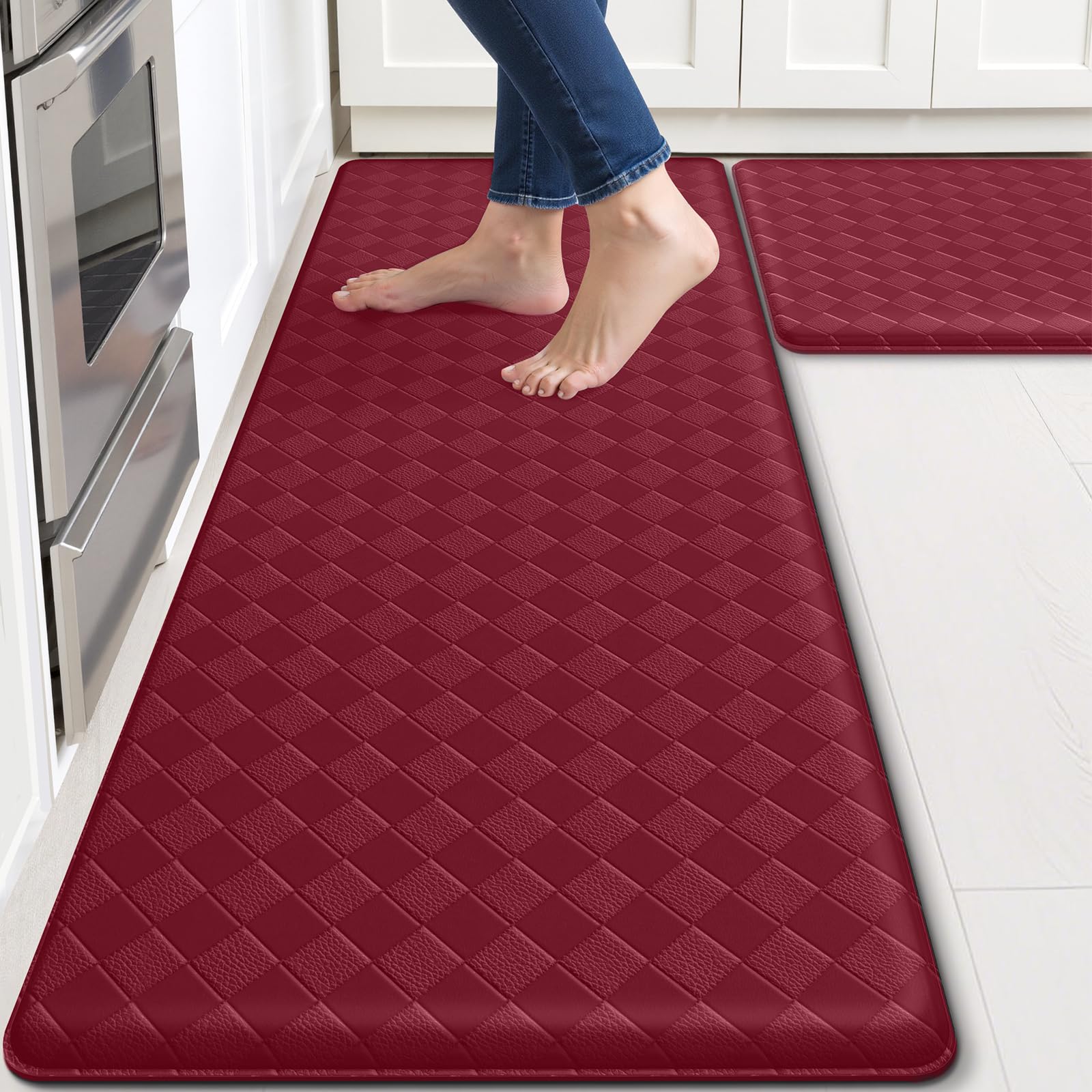 TranquilRelax Kitchen Mats, 2PCS Kitchen Rugs, Cushioned Anti Fatigue Kitchen Mats for Floor, Non-Slip Standing Desk Mat, Waterproof Kitchen Rug Set for Kitchen, Floor, Office,17.3"×30"+17.3"×47",Red Image