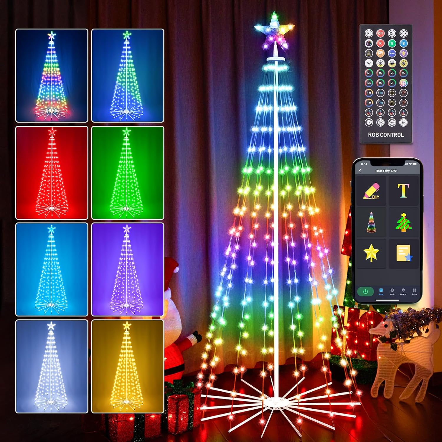 Tree Toppers - HOLILLUMA 6FT 265LED Smart Cone Christmas Tree, RGB Color Change Prelit Artificial Tree with Lights, DIY Multi-Color Lightshow with Music Sync. Remote App Control, Perfect for Christmas New Year Decor