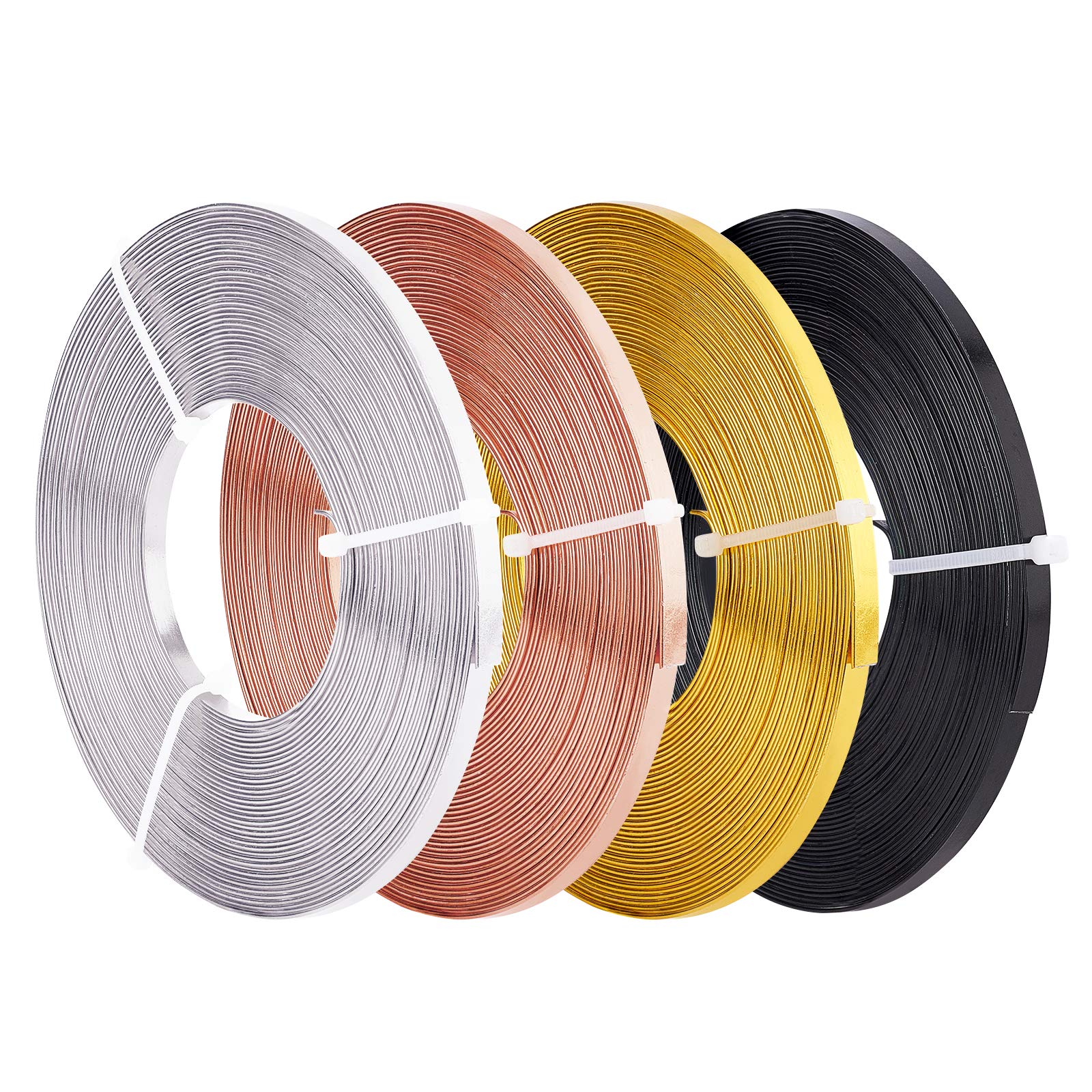 BENECREAT 130FT 4-Colors Aluminum Flat Wire 10M/Roll(5mm Wide) Silver Gold Bendable Craft Wire for Bezel, Jewelry Earring Ring Making