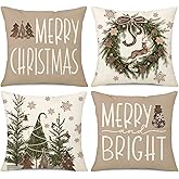 NIGHTWISH Christmas Pillow Covers 18x18 Set of 4 Brown Christmas Decorations Wooden Xmas Tree Snowman Throw Pillow Covers Reindeer Wreath Snowflake Winter Holiday Cushion Case for Sofa Couch