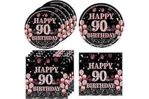 KHAIVI 40PCS 90th birthday decorations for women happy 90th birthday decorations Tableware Set Disposable Birthday Plates Napkins 90 Years Old Birthday Party for women