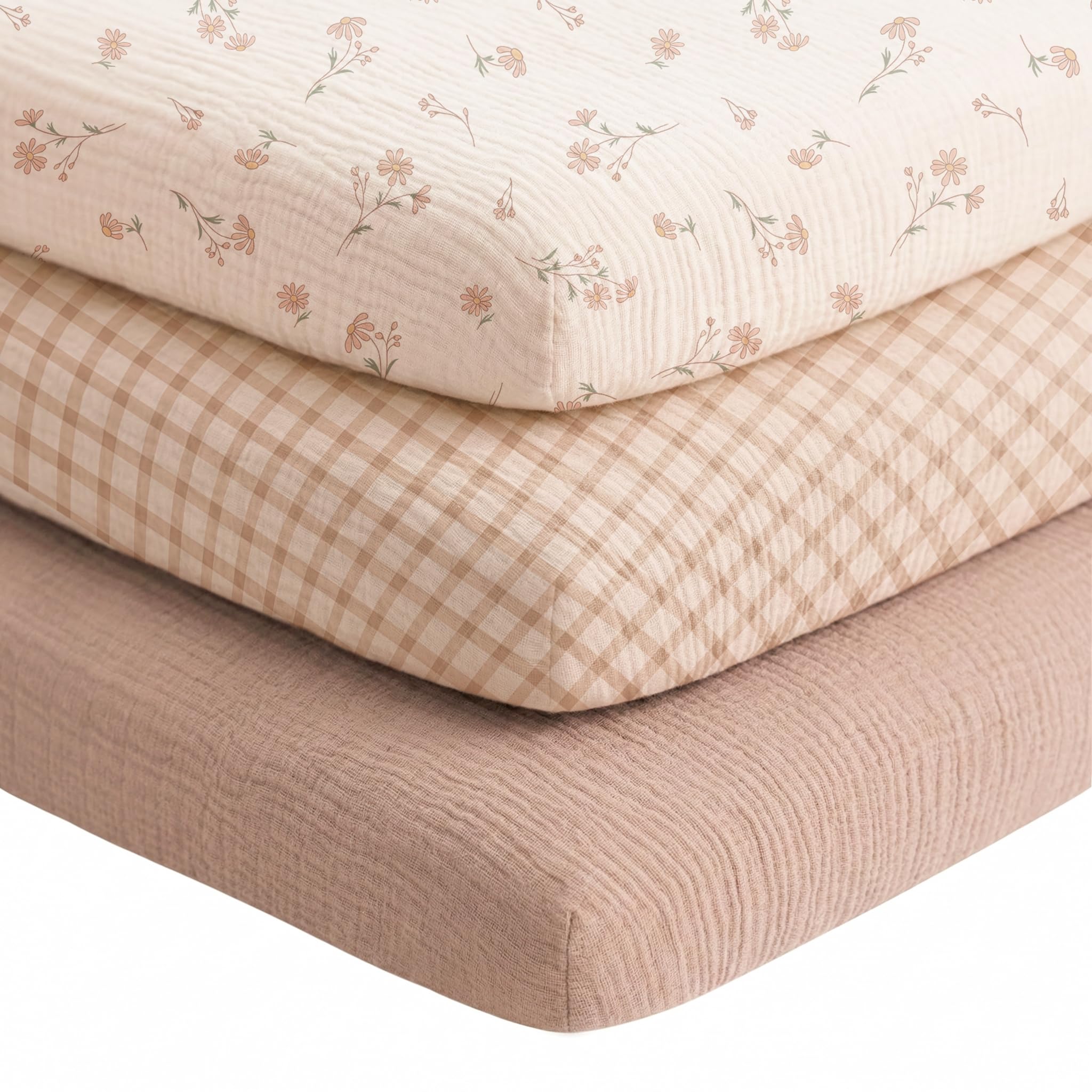 Niceye Muslin Bassinet Sheets 3-Pack for Bedside Sleepers, 33" x 21" | 100% Cotton, Soft & Breathable, Full Elastic Fit, for