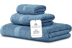 VILLA CELESTIA 100% Combed Cotton Bathroom Towel Set of 3- 1 Bath Towel, 1 Hand Towel, 1 Wash Cloth, Sustainable, Soft, Highly Absorbent 3 Piece Cotton Bath Towel Set Ideal for Hotels, Spa, Bathroom, Dorm, Blue