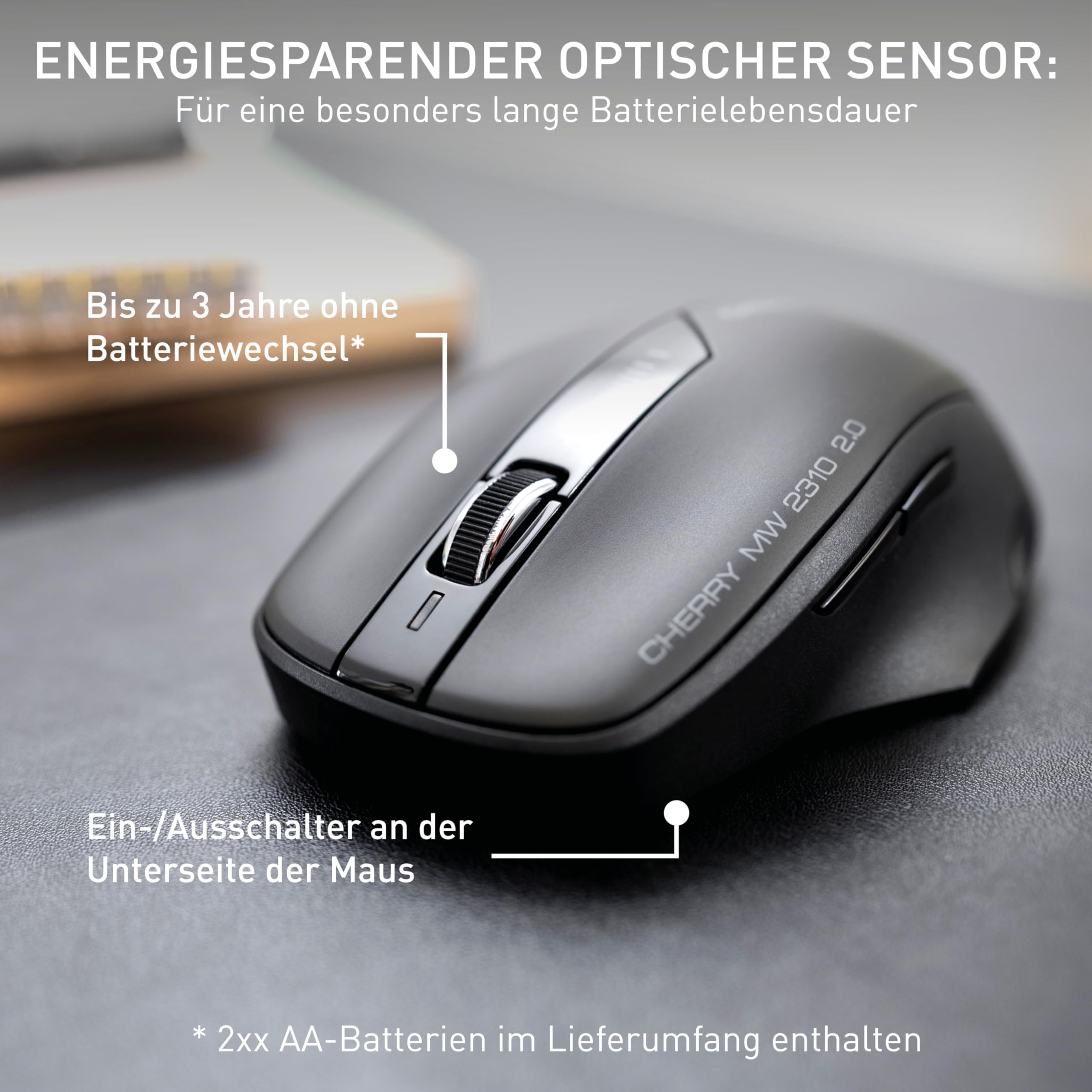 CHERRY MW 2310 2.0, Kabellose 6-Tasten-Maus, 2,4 GHz Funk mit 10 m Reichweite, Optischer Sensor & DPI-Schalter, Nano-USB-Empfänger, Beidhändig Nutzbar, Schwarz 6