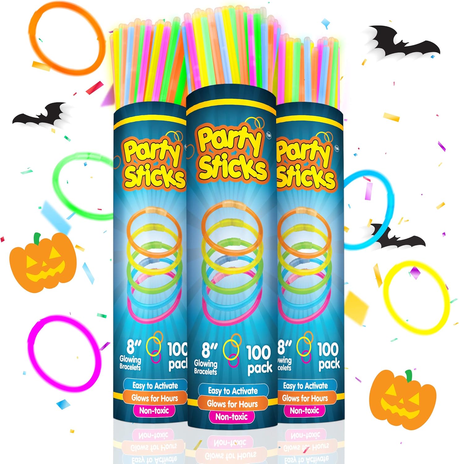 PartySticks Glow Sticks Bulk Party Favors 100pk with Connectors - 8 Inch Glow in the Dark Party Supplies, Neon Party Glow Necklaces and Glow Bracelets: Toys & Games