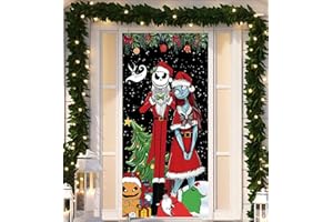 JENFALL Jack Skellington Sally Banner Nightmare Before Christmas Decorations Door Cover Xmas Porch Door Sign Welcome Banner for Indoor Outdoor Wall Home