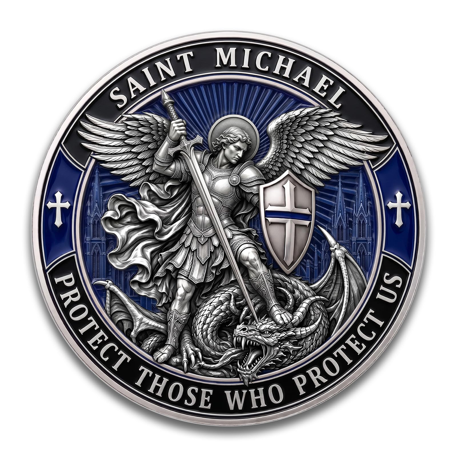 Saint Michael Police Challenge Coin – Thin Blue Line Law Enforcement Medallion – Blessed are The Peacemakers Matthew 5:9 – Gu