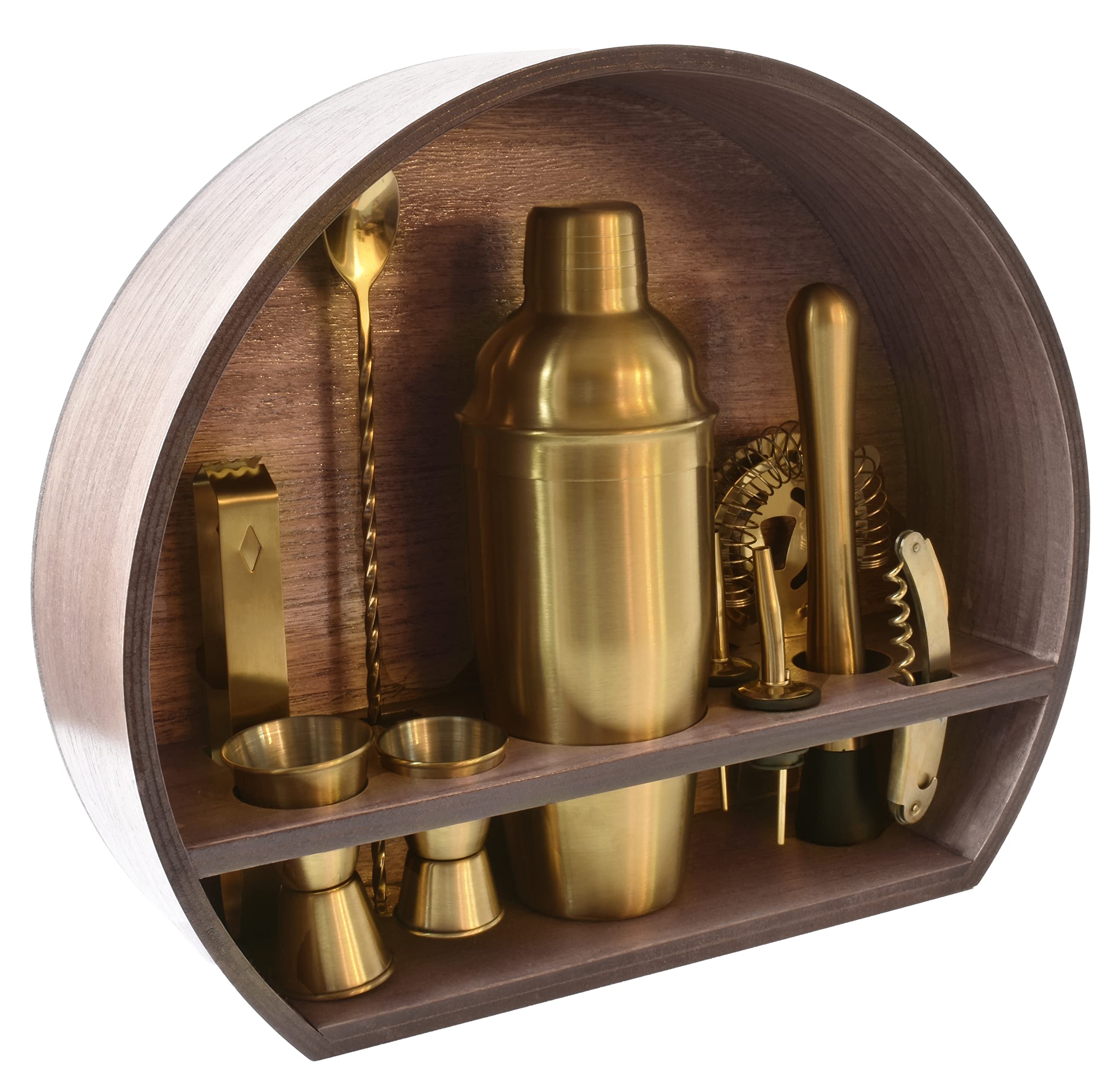 Cocktail Shaker Bar Set 11-Piece | Bartender Kit with 304 Stainless Steel Bar Tools and its Design Black Wooden Stand | Martini Shaker and Complete kit for Beginners and Experienced Mixologist