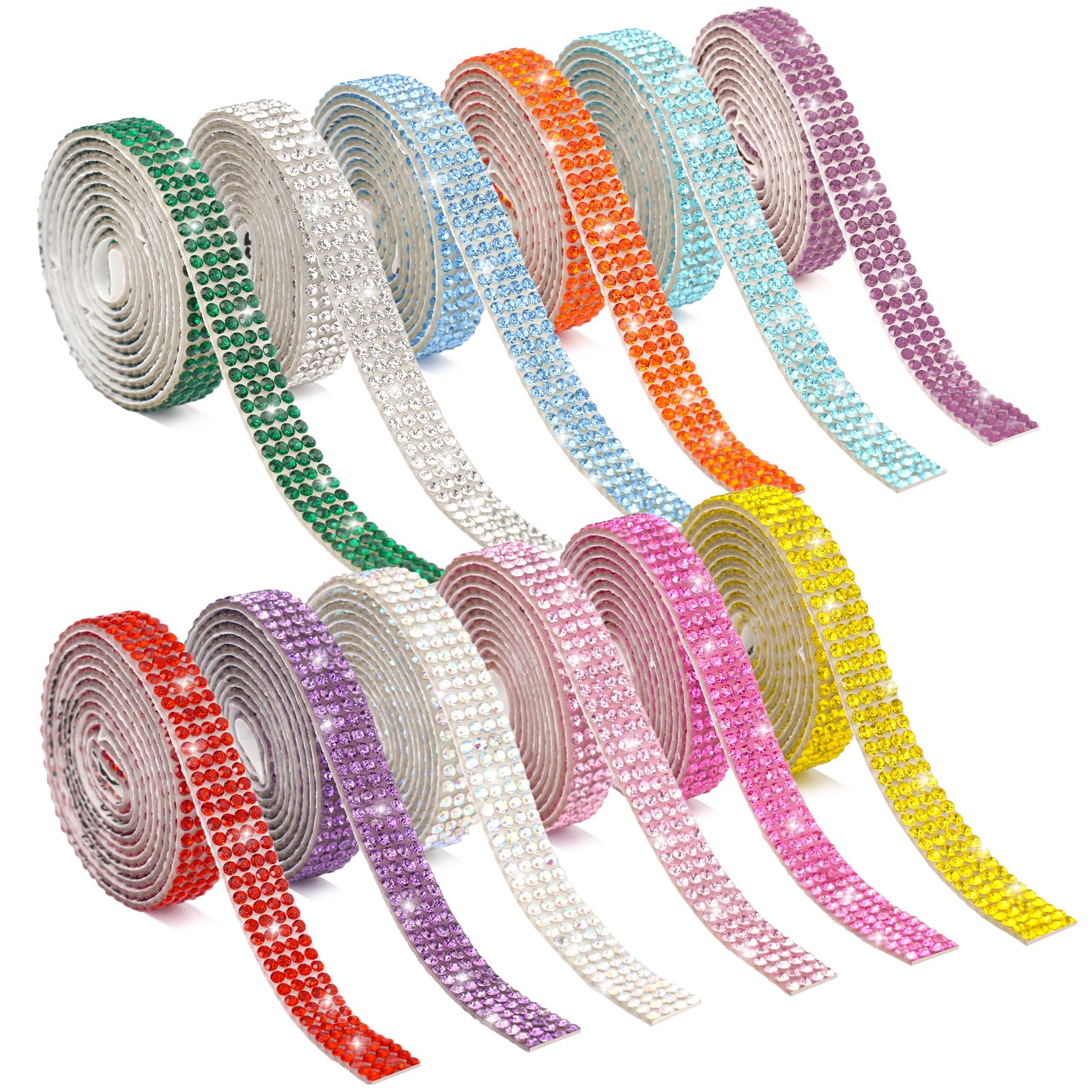 Photo 1 of 12 Rolls Rhinestone Ribbon Self Adhesive,Mixed Color Bedazzling Kit,0.35" X12 Yard Total Rhinestone Tape for Gift Wrapping Wedding Decor DIY Crafts(12 Colors)
