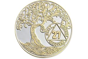 27 Year XL 40mm Nickel & Gold Plated AA Coin - Sobriety Mint Twisted Tree of Life Recovery Medallion/Chip - Silver/Gold