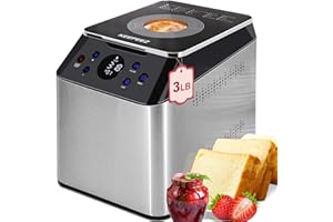 KEEPEEZ 20-in-1 & 3LB Larger Stainless Steel Bread Maker Machine, 710W Ultra Quiet Bread Machine with 5-Layer Die-Cast Ceramic Pan, 2 Customizable Menus, Auto Fruit Nut Dispenser, 15H Timer & Keep Warm