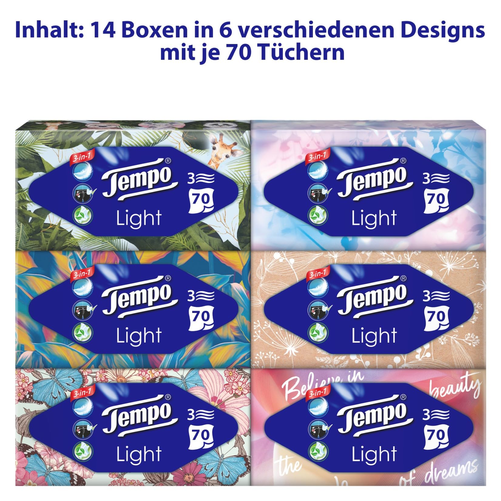 Tempo Light Box Taschentücher - Megapack - 14 Boxen, 70 Tücher pro Box - weiche Papiertaschentücher, waschmaschinenfest 2