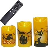Orange Halloween Battery Operated Flameless LED Candles Remote Timer 3 Pack | CANDLE CHOICE Realistic Flickering Electric Pillars with Spooky Halloween Theme Decals for Halloween Decorations D3”xH4,5,6”