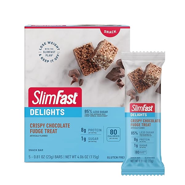 SLIMFAST DELIGHTS CRISPY CHOCOLATE FUDGE TREAT, SLIMFAST SNACK, CHOCOLATE SNACK BAR, CHOCOLATE FLAVORED CRISP BARS, CRISP BARS WITH PROTEIN, 2G OF NET CARBS, 5 COUNT