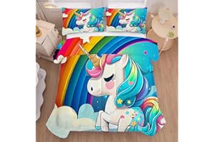 FUYEUN Blue Unicorn Bedding Twin for Girls, Rainbow Comforter Set for Kids Children Boys Teens Bedroom Cartoon Unicorn Colorful Could Quilt 1 Comforter + 1 Pillow Case