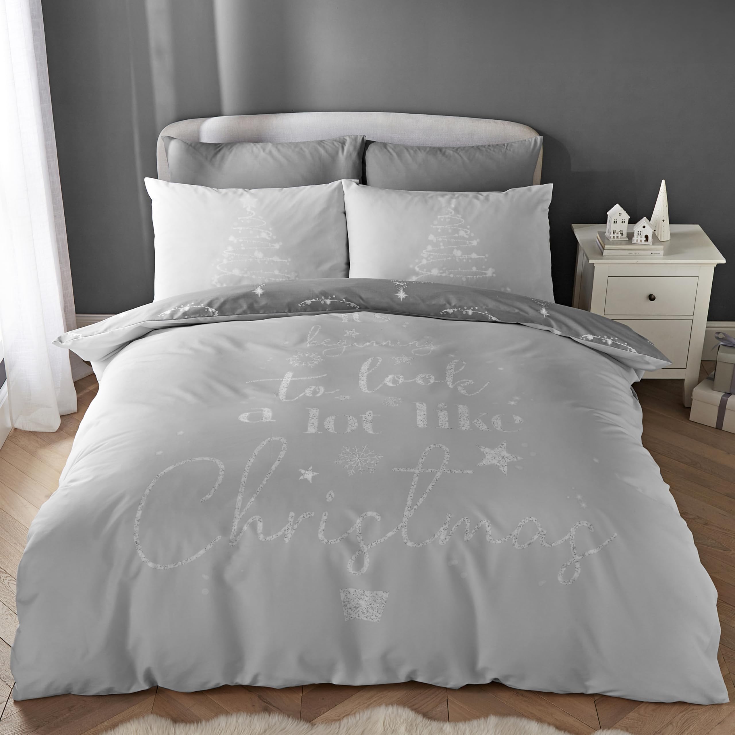 Catherine Lansfield A Lot Like Christmas Reversible Single Duvet Cover Set with Pillowcase Grey