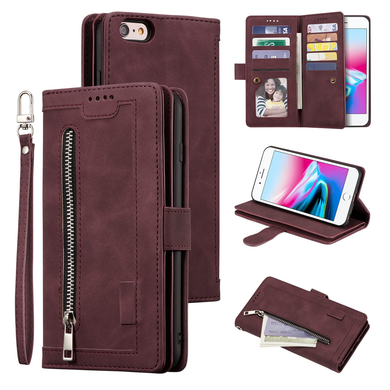 UEEBAI Wallet Case for iPhone 6 Plus iPhone 6S Plus, Retro 9 Card Holder Slots Zipper Pocket Handbag Case PU Leather Magnetic Closure Kickstand with Wrist Strap TPU Shockproof folio Case - Wine Red