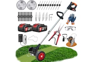 XABCHUI Cordless Weed Wacker Electric Weed Trimmer Battery Powered, Grass Trimmer with Wheels, Lightweight Stringless String Trimmer/Lawn Edger/Brush Cutter with 5 Types Blades, 2 X 2.0 Ah Battery & Charger