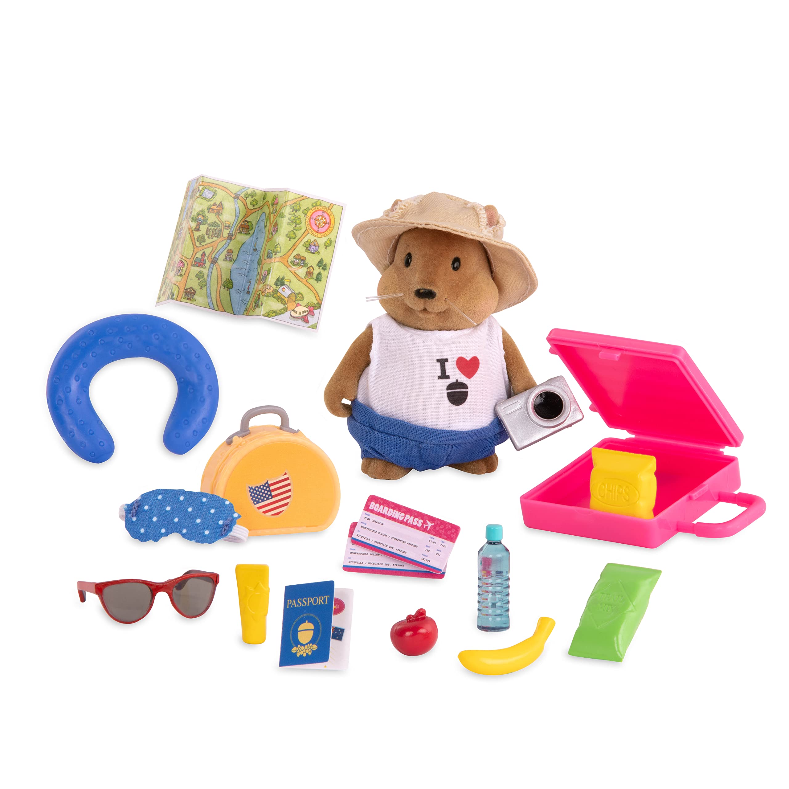 Li’l Woodzeez – Travel Set – 19 Pieces Toy Set with Animal Character, Play Food, and Travel Accessories – Miniature Figurines and Playsets for 3+ Years