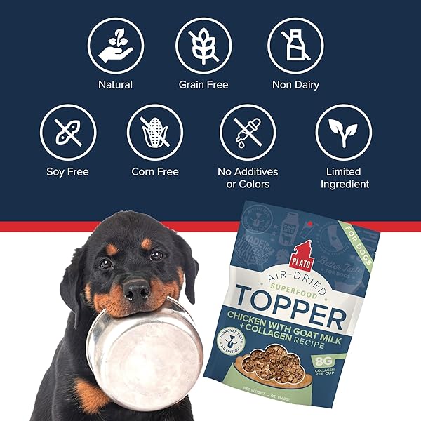 PLATO PET TREATS DOG FOOD TOPPERS – AIR-DRIED DOG FOOD TOPPERS FOR DRY FOOD – WITH COLLAGEN TO SUPPORT SKIN AND COAT HEALTH – GOAT MILK & COLLAGEN RECIPE 12OZ