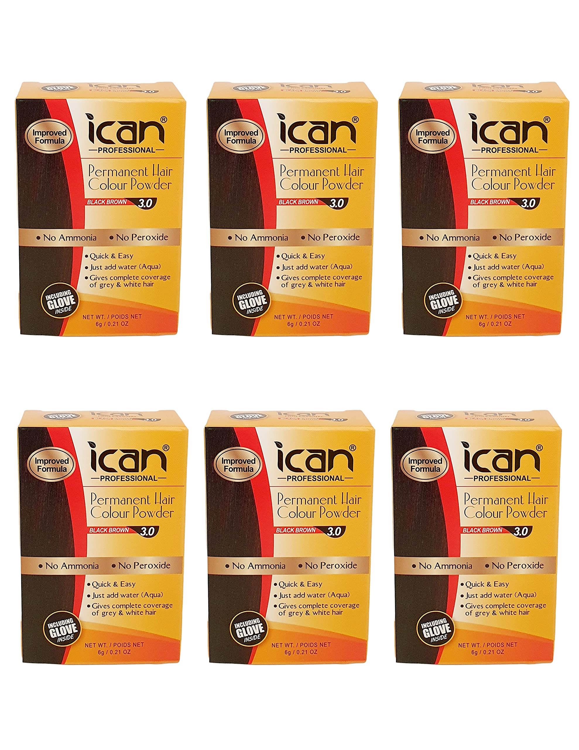 ICAN PERMANENT HAIR COLOR POWDER, NO AMONIA, NO PEROXIDE (3.0 BLACK BROWN) 6 X PACK