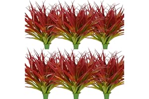 Dehoxara 24Pcs Artificial Grass Plant Fake Outdoor Plastic Plants UV Resistant Faux Grasses Greenery Shrubs for Window Box Garden Patio Porch Home Decor Rose Red