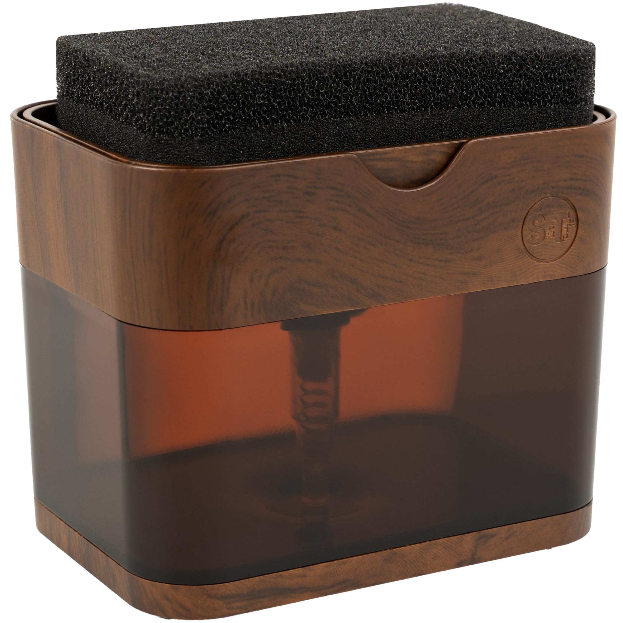 S&T INC. Dish Soap Dispenser and Sponge Holder for Kitchen Sink, Waterproof Labels and Sponge Included, 13 Ounces, Plastic, Walnut and Amber