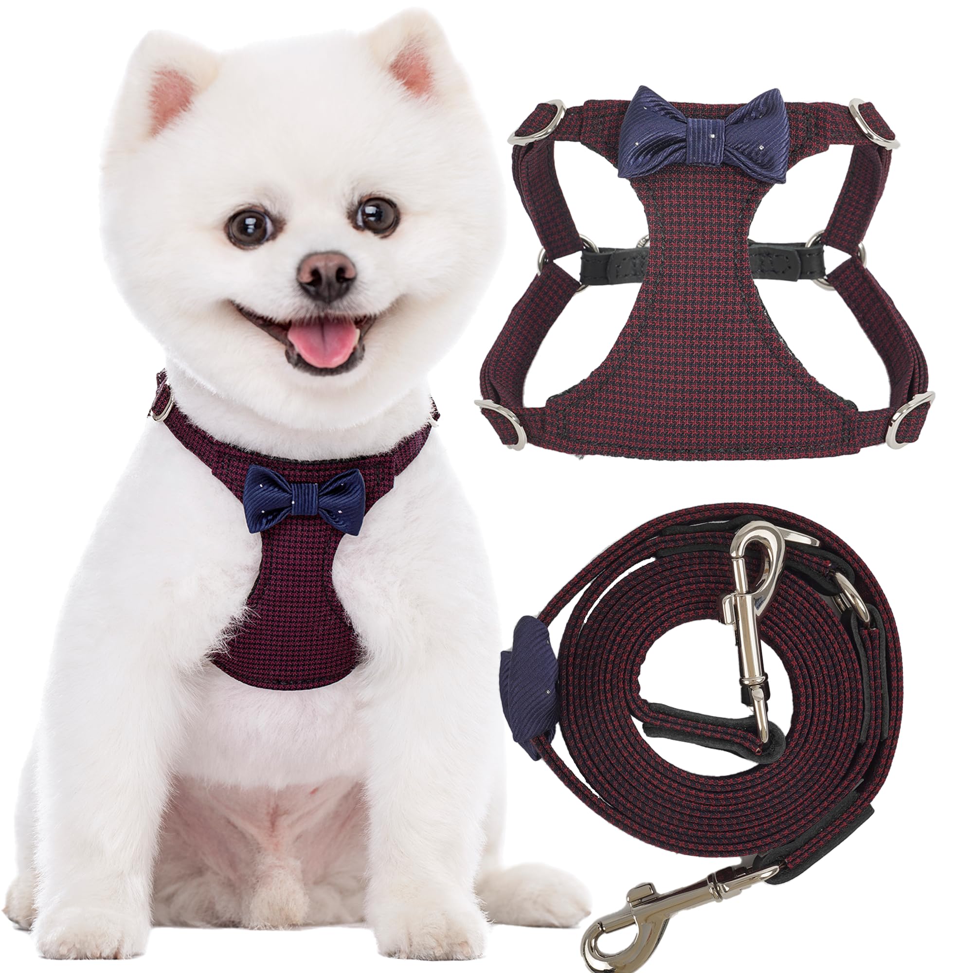No Pull Dog Harness with Multifunction Dog Leash,Soft Adjustable No Choke Escape Proof Pet Harness Vest for Medium Dogs,Plaid deep red,M