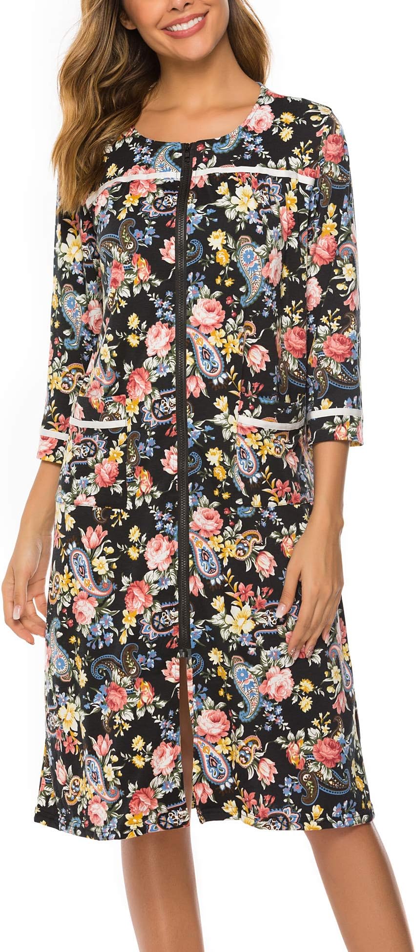 Women Zipper Robe Half Sleeve Loungewear Knee Length Nightgown Duster Housecoat with Pockets S-XXL
