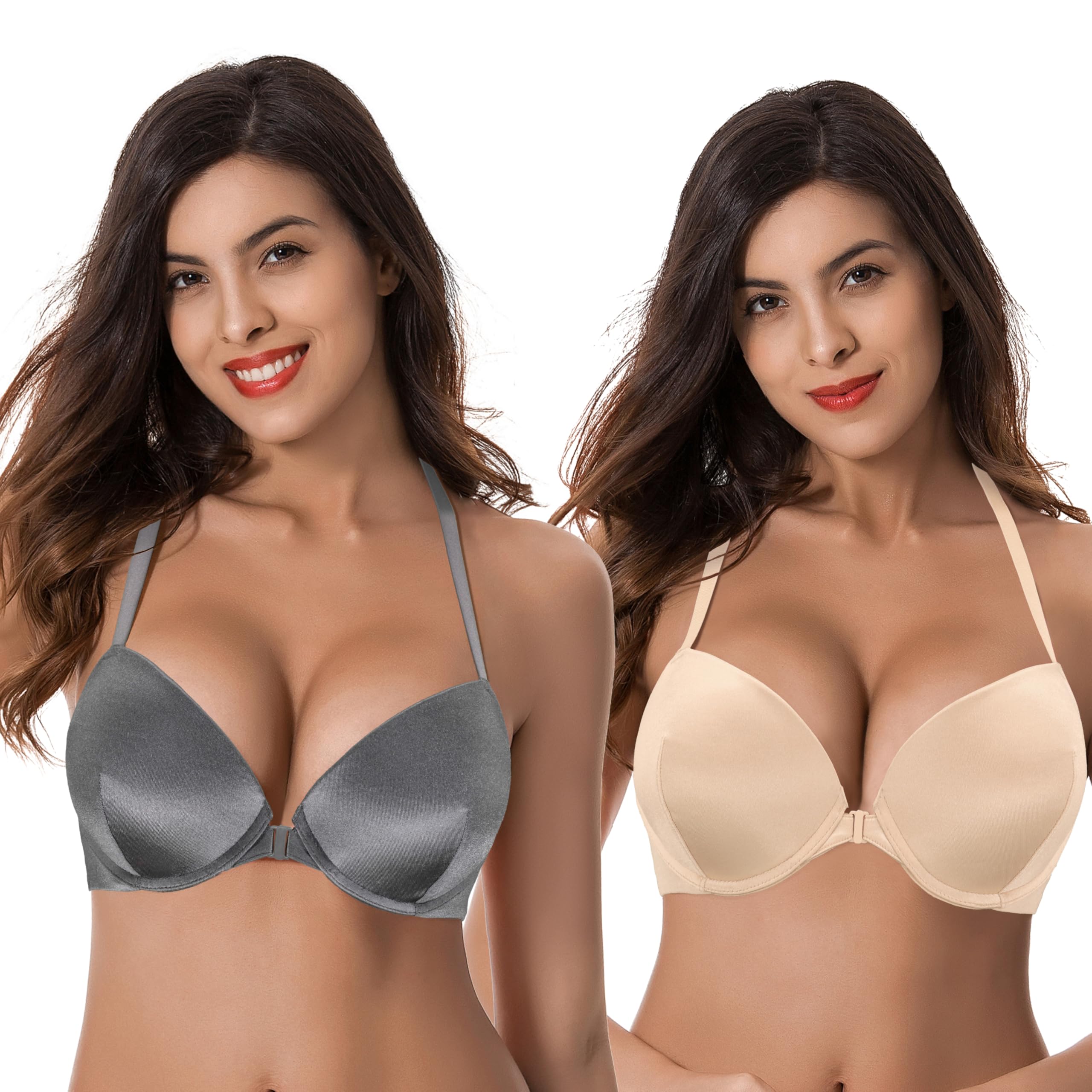 Photo 1 of ***MISSING PARTS***
Curve Muse Womens Push Up Add 1 and a Half Cup Underwire Halter Front Close Bras -2PK-Grey,Nude-34DDD
