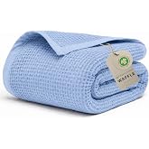 GOTS Certified 60"X80" Twin 100% Organic Cotton Waffle Blanket-Powder Blue | Premium Waffle Blankets &amp; Throws for Bed, Throw Blanket for Couch, Modern &amp; Cozy Blanket, All Season, Comfy and Soft Blankets