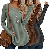 Oakgarden 3 Pack Women's V Neck Sweaters with Thumb Holes Ribbed Long Sleeve Shirts Casual Fall Tops Tunic Clothes