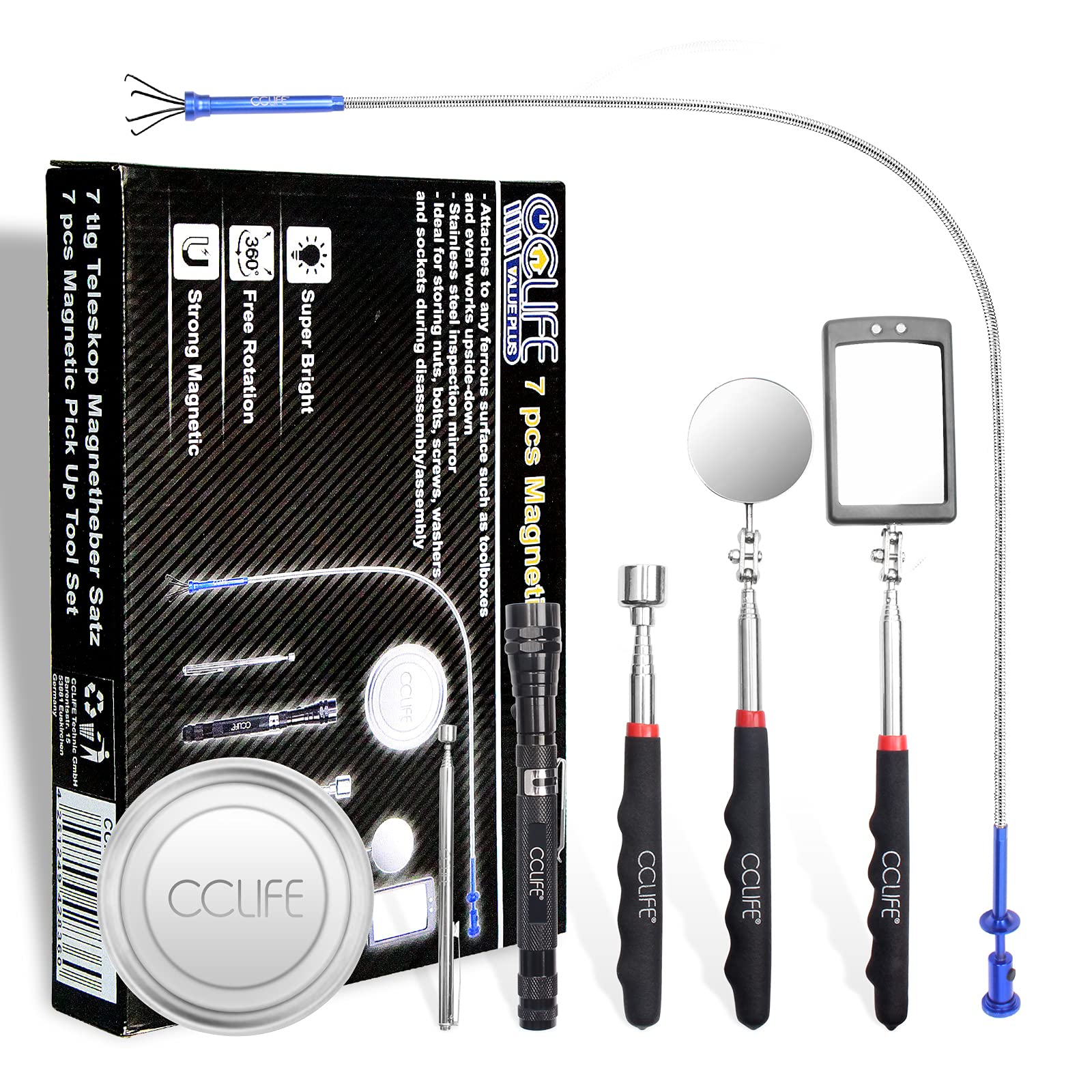 CCLIFE 7 pcs Telescopic Magnetic Pickup Tool with Long Reach Claw Inspection Mirror LED Light Pick up Grabber