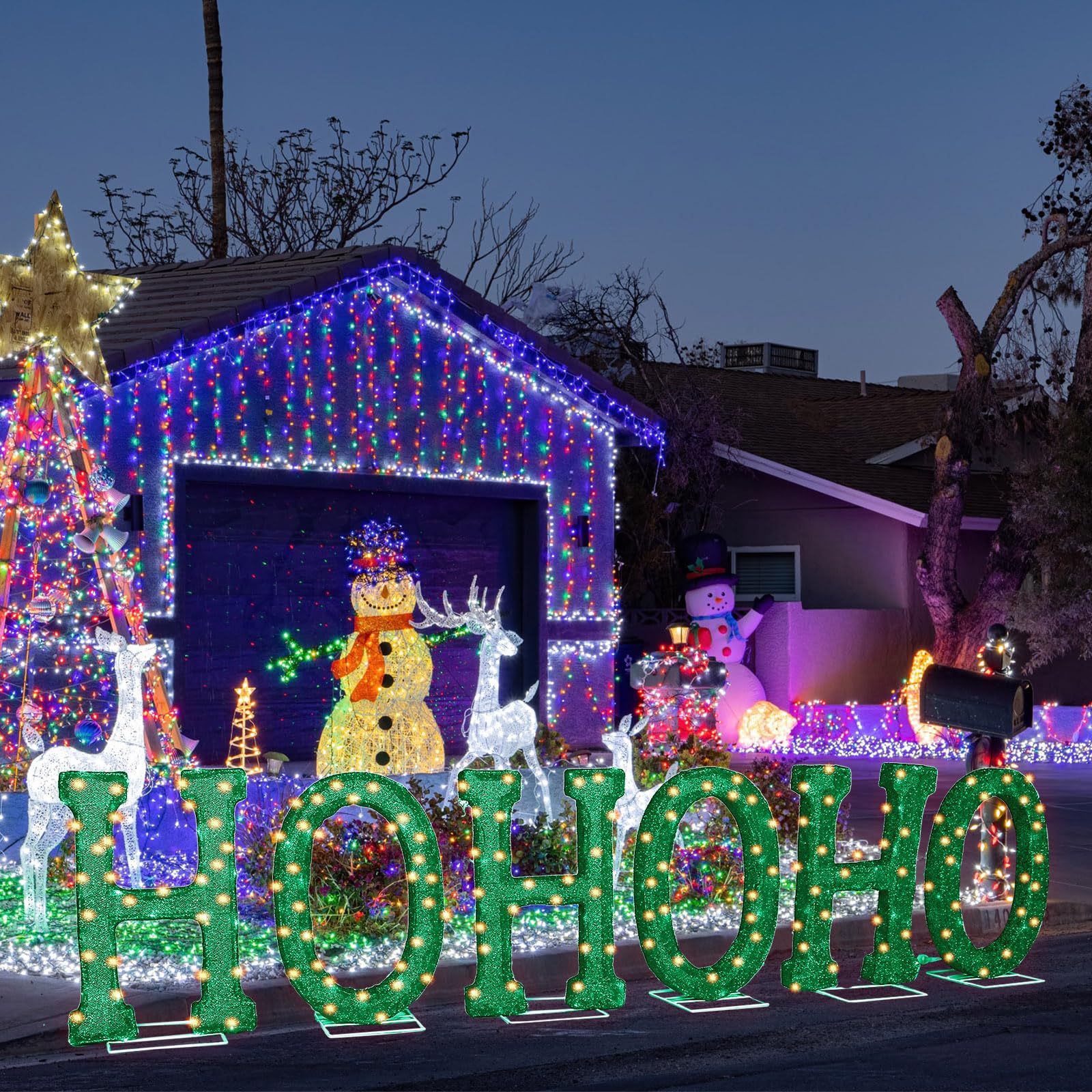 Photo 1 of Tradder 6 Pcs Outdoor Christmas Decorations LED Letters Lights 18.5 x 12.6 Inches Jumbo HO HO HO Marquee Lights Christmas Light up Letters with Metal Base for Home Lawn Garden Holiday Decor (Green)