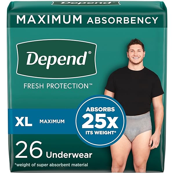 DEPEND FRESH PROTECTION ADULT INCONTINENCE UNDERWEAR FOR MEN, DISPOSABLE, MAXIMUM, EXTRA-LARGE, GREY, 26 COUNT, PACKAGING MAY VARY