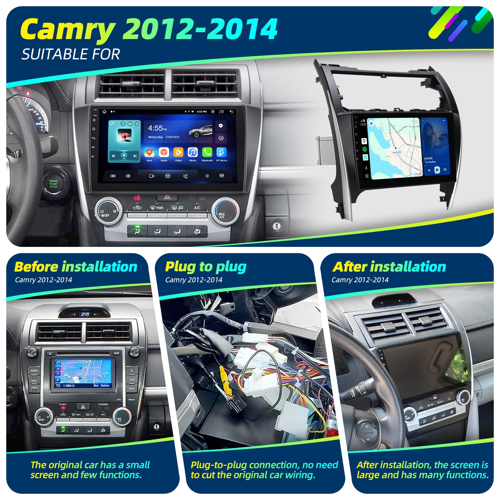 for Toyota Camry 2012 2013 2014 Upgrade Android Radio Compatible with Wirelessly Carplay Android Auto Car Stereo Bluetooth Navigation Touch Screen GPS 8core 4GB RAM 64GB Head Unit Media Player