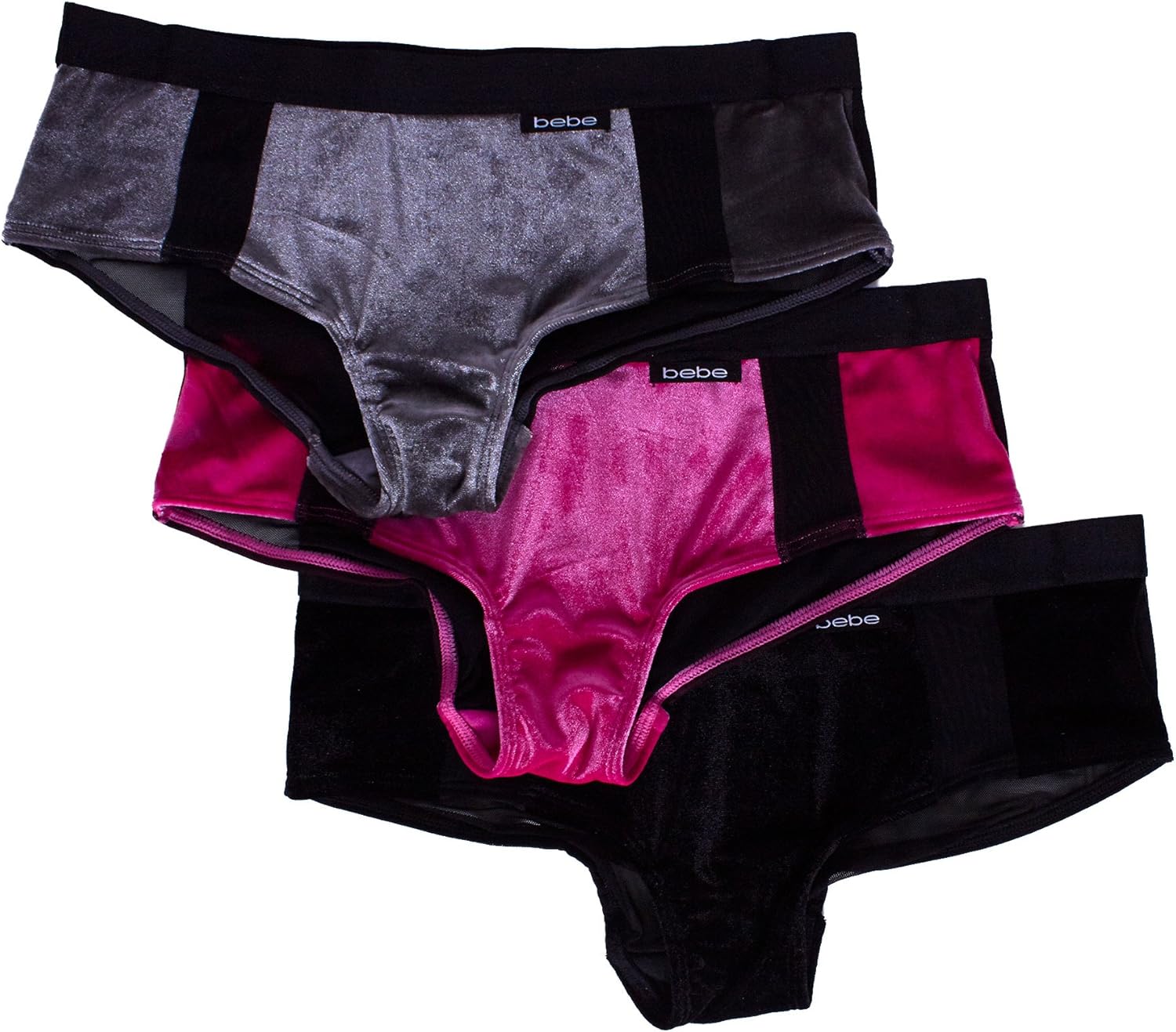 bebe Womens 3 Pack Boy Leg Panties with Velvet and Sheer Mesh Detail