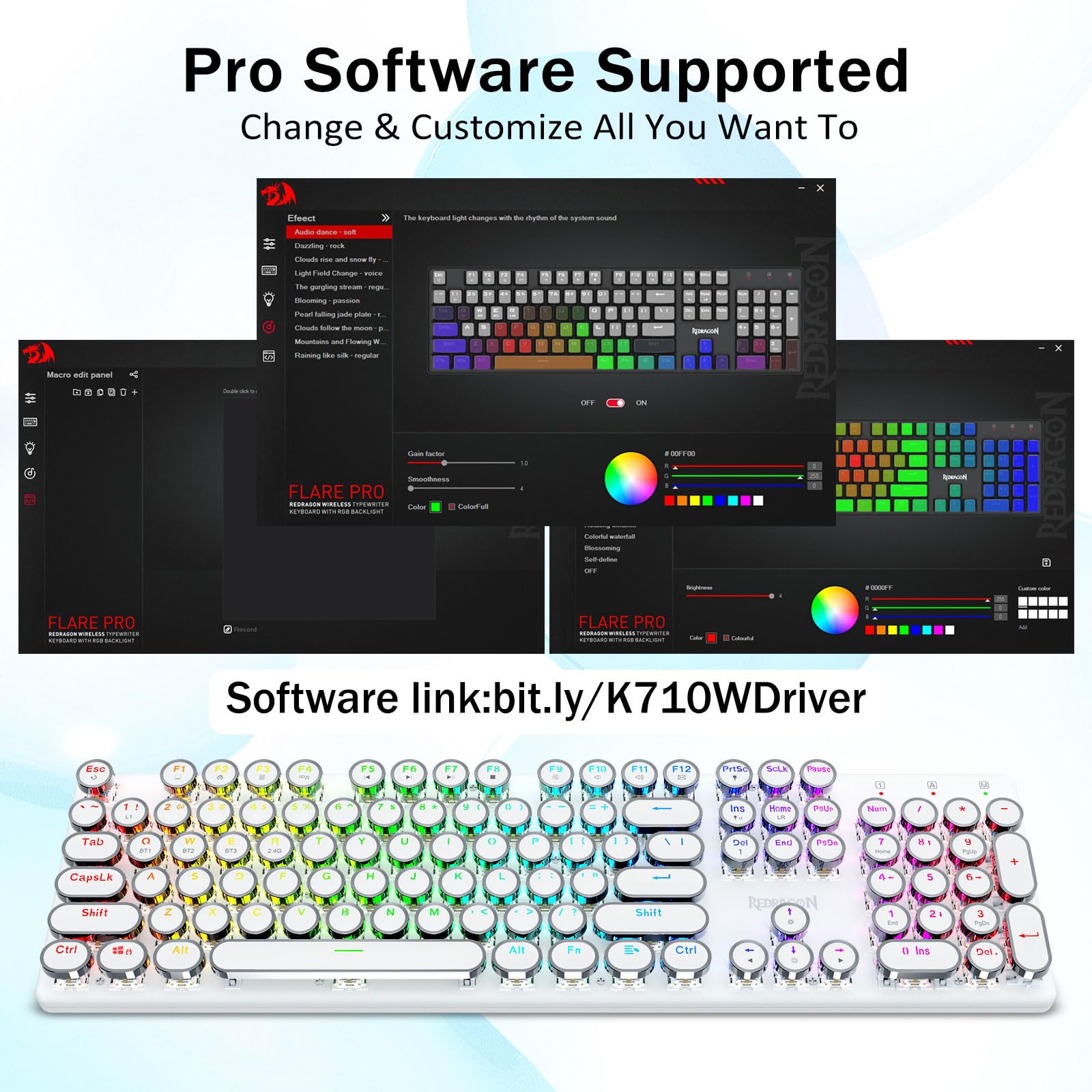 Redragon K710 Wireless Typewriter Mechanical Gaming Keyboard, Bluetooth/2.4Ghz/Wired, RGB Backlit, Blue Switch - Clicky, Rechargeable, Metal Panel, Round Keycaps, White