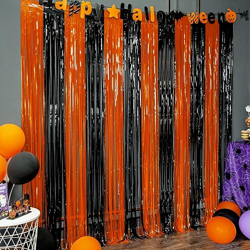 LOLStar 3 Pack Orange Black Photo Booth Props 3.3 X 6.6 ft Halloween Foil Fringe Curtains Halloween Party Photo Backdrop Streamers Backdrop for Birthday Anniversary Party Halloween Party Decoration